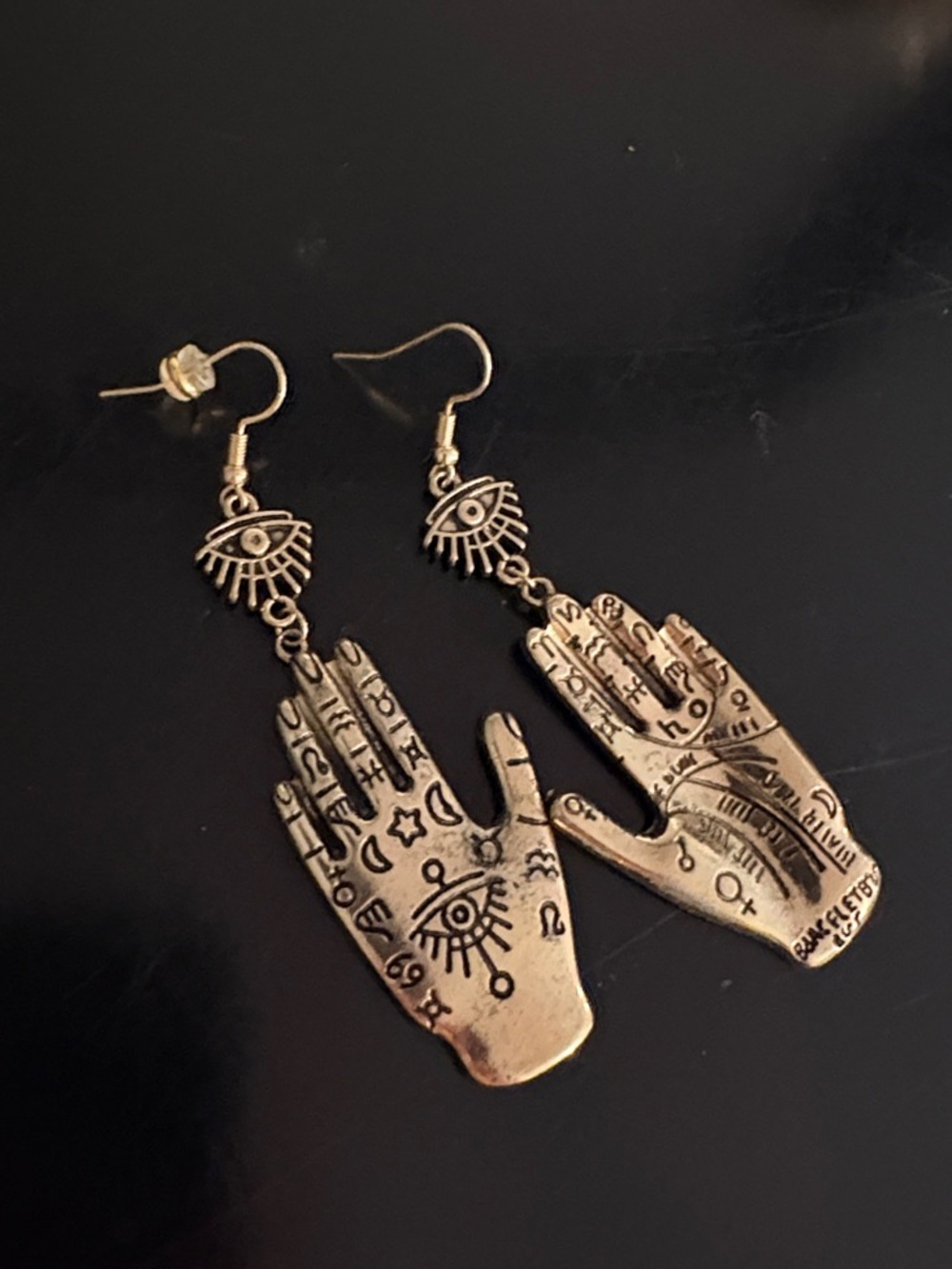 Gold Palmistry Hand Drop Earrings